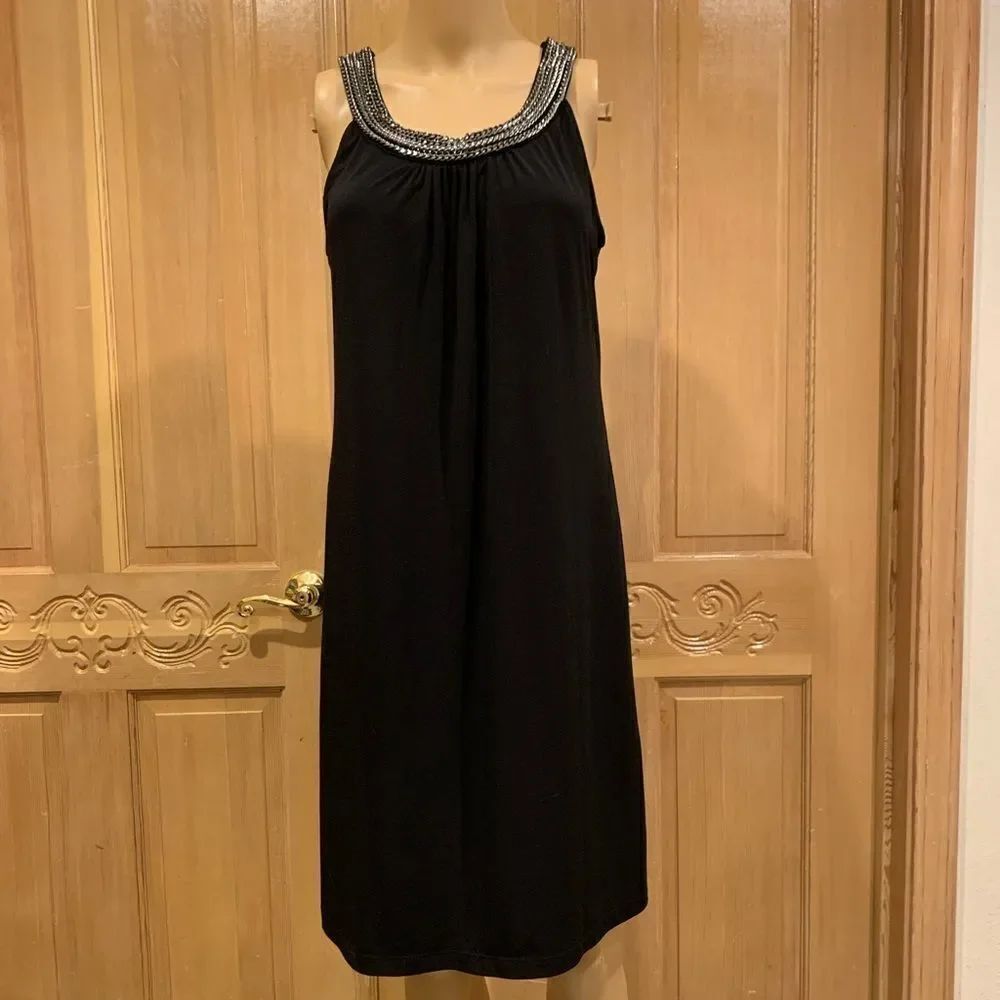 Calvin Klein sz4 silver chain collar black sleeveless halter evening dress